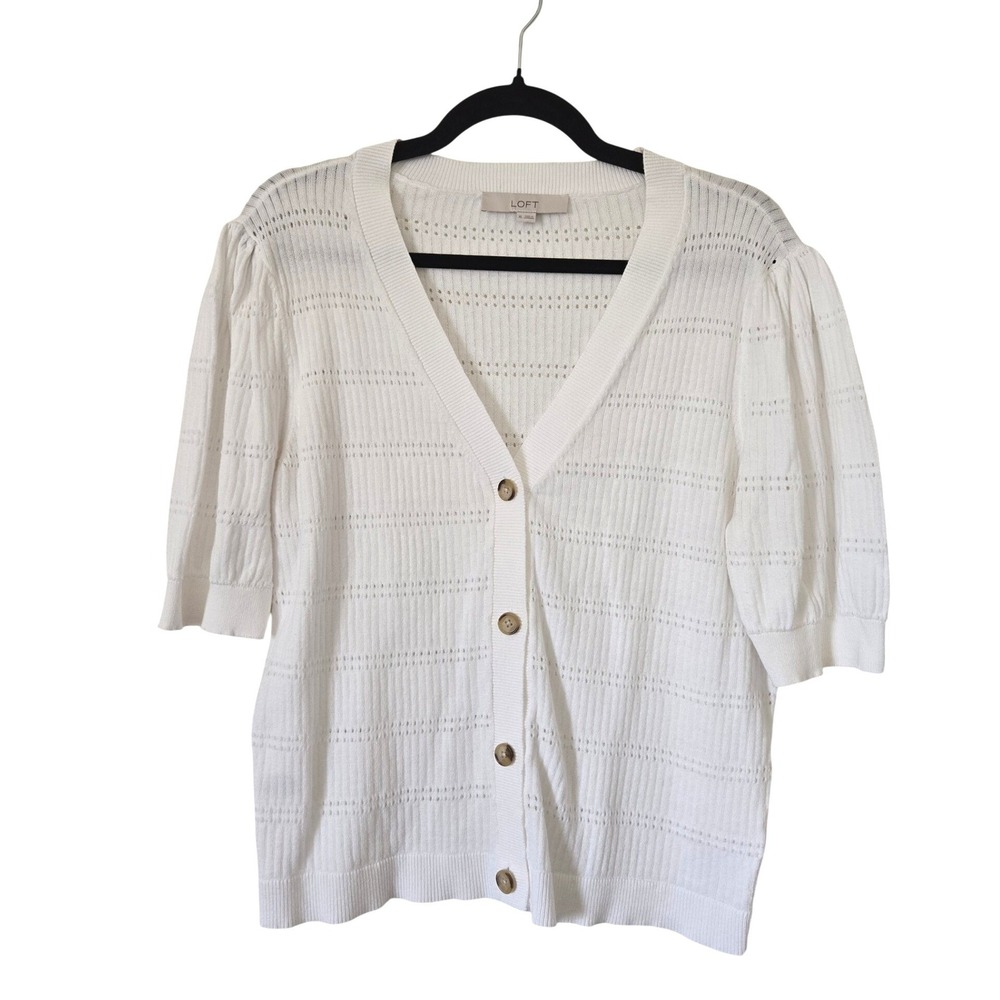 LOFT Womens XL Cardigan White Pointelle Puff Short Sleeve Cotton V-Neck Button